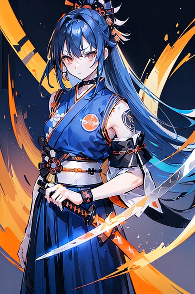 ((((Black katana))))　(((Light blue hair　Long hair　Light orange eyes and black samurai uniform　White band　Victory)))　((Black notes　night　Japanese style　young)) 