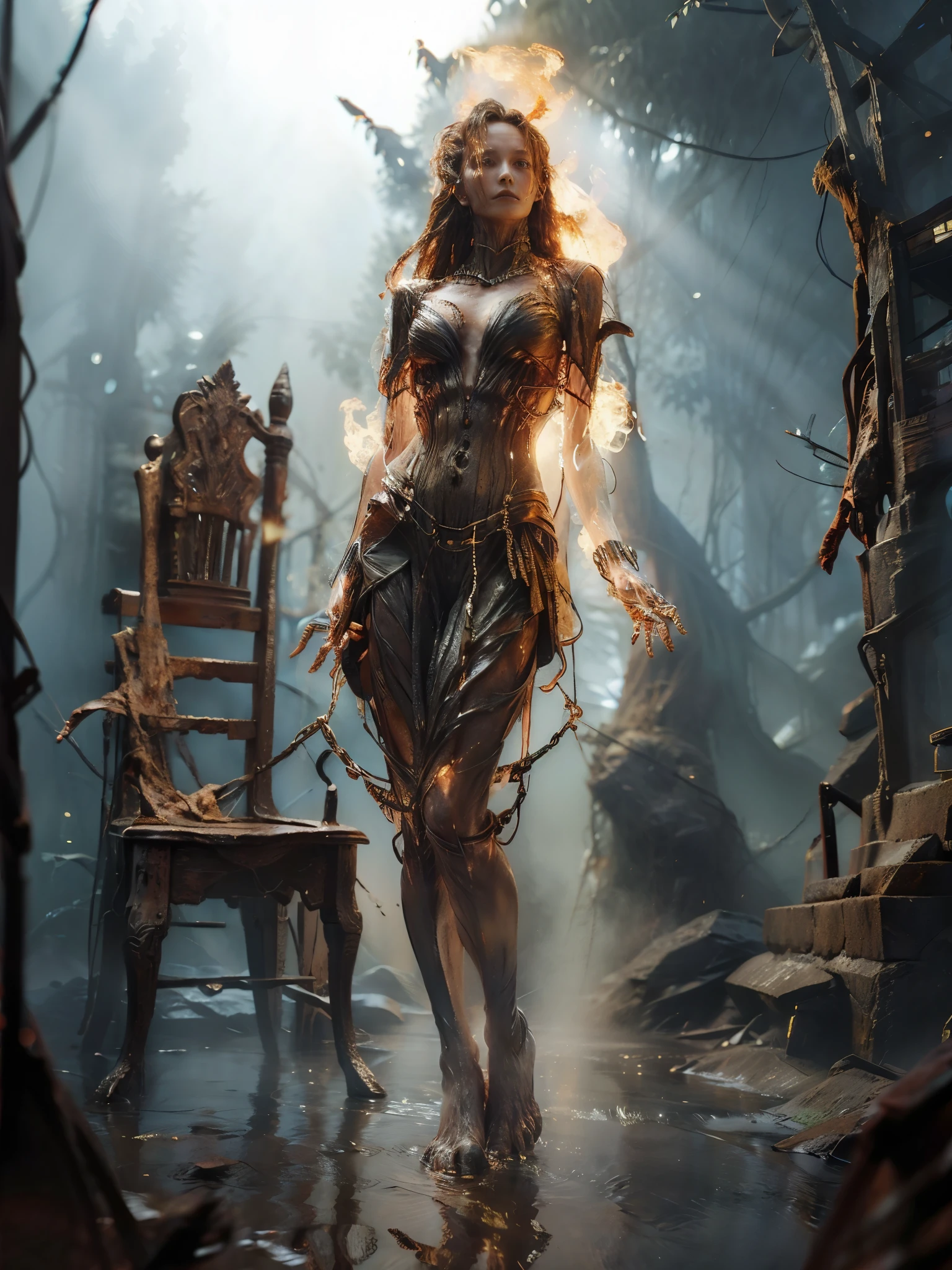 RUSTY CHAINS, (lens flare, bokeh, Wide-Angle, Ultra-Wide Angle, from below, from side, wide shot, isometric, afterimage, partially underwater shot), (from below:1.5), ((Detailed eyes)), [fire elemental woman in chain:1.3], [chains at the ankles], [chains at the ankles], [chains at the ankles], [the chains on the wrists], [the chains on the wrists], [the chains on the wrists], bare feet, full body chain, dirty fire elemental woman chained to a chair in a cage, white torn stockings, broken glasses, woman in chain in a cage, iron bars, desperate expression, worried alice in wonderland in chain in a cage, concerned about future, brunette, realistic hands, bars in the window. Blurred foreground.