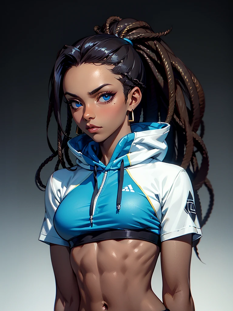 ((Portrait Photo)), She has an Athletic and Slender Appearance, with a Strong Build, Dark Skin and Relaxed Aura. She Expresses a Calm and Indifferent Look, Giving Off a Composed and Unfazed Attitude. She has Deep Blue Eyes, and Her Hair is Long and Black, with Dreadlocks Falling Over Her Forehead. She Wears an Open White Jacket, with a Sports Tank Top, Revealing Her Midriff. ((Portrait Photo, HDR, Dark Background))