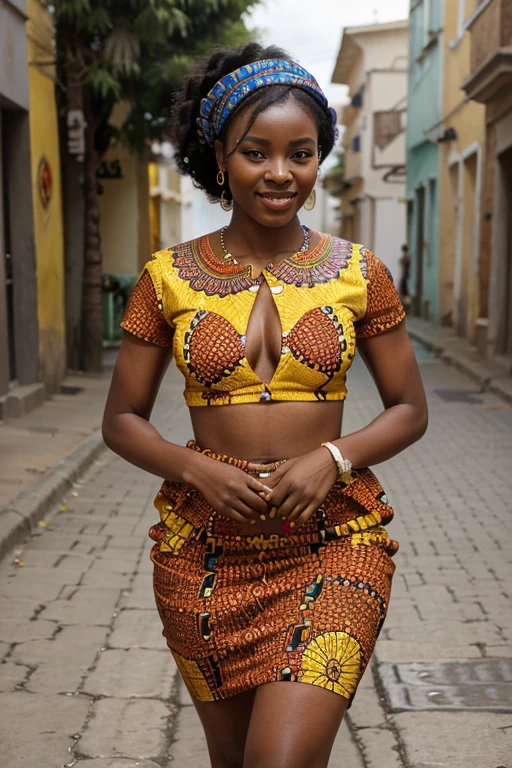 Create an image of a 23-year-old African woman, exuding happiness, dressed in a beautiful ankara, she should be very thick and realistic . She should be walking down a street with the confidence and grace of a fashionista. The scene should be simple and capture her African heritage, reflecting her Kenyan background.
