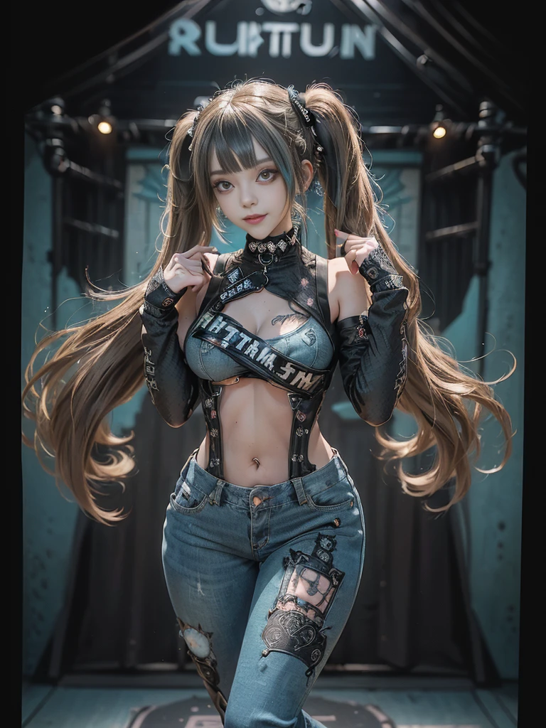 (Full Body View:1.4)、(Full body:1.3)、(Smiling with teeth showing:1.4),(Shibuya Gal:1.5)、(Gothic Lolita style fashion:1.5)、(Punk RockVisual Kei:1.5)、(Wearing a rhythmic gymnastics bodysuit with intricate details:1.4)、(Racing suit and pants with intricate turquoise, denim and charcoal decorations:1.5)、(Denim and light blue and turquoise boots:1.3)、((belt))、(Numerous delicate logo marks all over the costume:1.4)、(collar:1.3)、(Polka dot underwear:1.5)、20-year-old、NSFW、((Highest quality、In 8K、masterpiece:1.3))、Sharp focus:1.2、(Layered Cut、Huge boobs:1.1),Beautiful woman with perfect figure:1.4、(do a gravure pose:1.3)、Slender Abs:1.2、Highly detailed face and skin texture、Detailed eyes、double eyelid,(Twin tails:1.3)、(Brown-golden hair:1.3)、Gravure idol、(The background is the stage of the fashion show:1.3)、(Slim body:1.3),(Make your legs thinner:1.4),（clavicle:1.1）