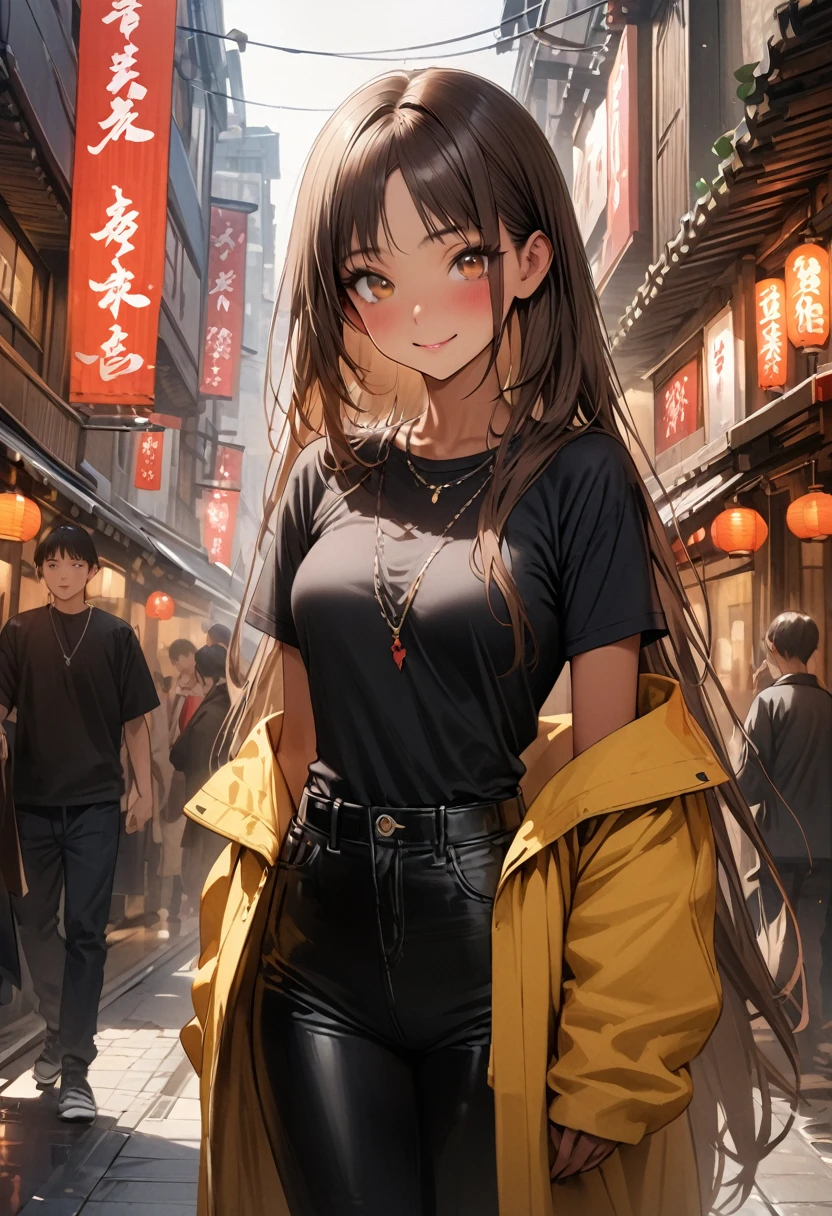((masterpiece,Highest quality:1.3,best quality illustration,realistic)),cowboy shot,独奏,1woman,(18-year-old、Japanese Beauty)、brown hair,long hair,center parted bangs,brown eyes,gorgeous eyes,((very small head:1.3)),blush,smile,((very long body:1.2,skinny)),medium breasts,(tan skin:1.4), (gleaming skin,toned body,slender body),Street fashion、Black tight T-shirt、Yellow Cargo Pants、on street,Tokyo、