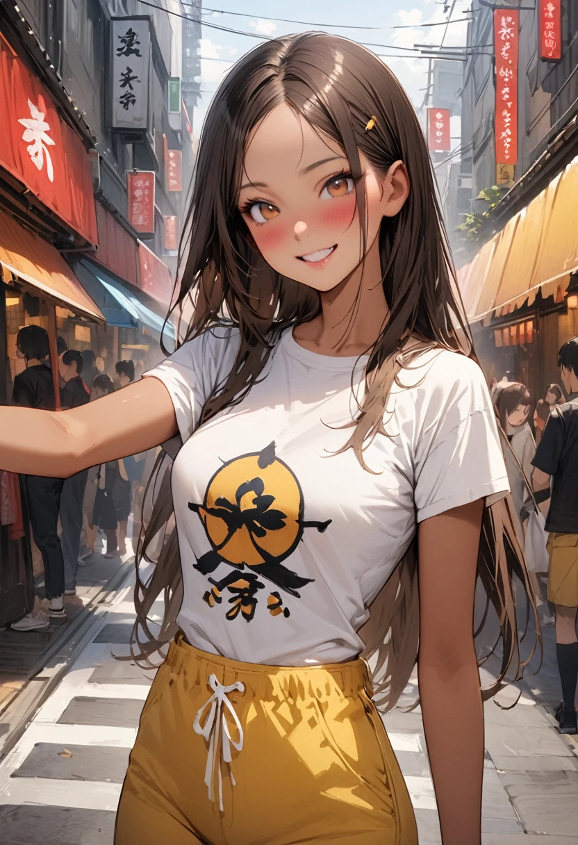 ((masterpiece,Highest quality:1.3,best quality illustration,realistic)),cowboy shot,独奏,1woman,(18-year-old、Japanese Beauty)、brown hair,long hair,center parted bangs,brown eyes,gorgeous eyes,((very small head:1.3)),blush,smile,((very long body:1.2,skinny)),medium breasts,(tan skin:1.4), (gleaming skin,toned body,slender body),Street fashion、Black tight T-shirt、Yellow Cargo Pants、on street,Tokyo、