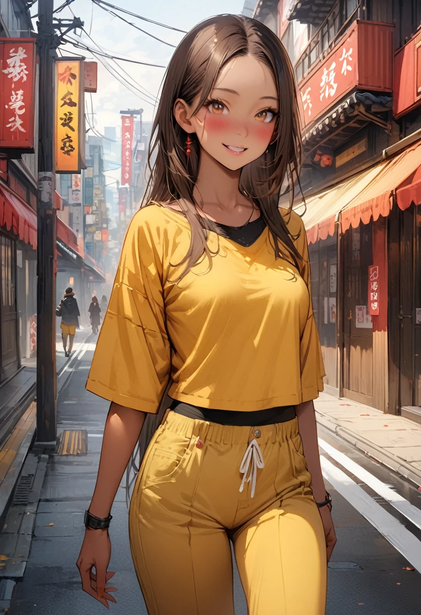((masterpiece,Highest quality:1.3,best quality illustration,realistic)),cowboy shot,独奏,1woman,(18-year-old、Japanese Beauty)、brown hair,long hair,center parted bangs,brown eyes,gorgeous eyes,((very small head:1.3)),blush,smile,((very long body:1.2,skinny)),medium breasts,(tan skin:1.4), (gleaming skin,toned body,slender body),Street fashion、Black tight T-shirt、Yellow Cargo Pants、on street,Tokyo、