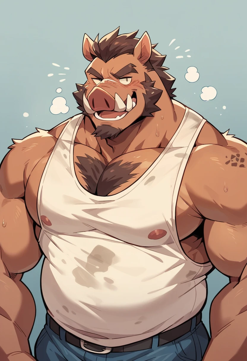 Mature male，Horse people，anthropomorphic horse，Brown hair，long mane，farmer，Huge crotch bulge，musculous，vast pecs，broad shoulder，Thick-breasted，Bare upper body，Loose shorts，Towel on the shoulder，Sweat profusely，wiping sweat，Leaning against the shovel，Shoot from the bottom up，The sun is blazing，The weather is hot，(full bodyesbian), in a panoramic view，Lots of white space，High- sharpness，High picture quality，intricately details，Rich background，tmasterpiece，