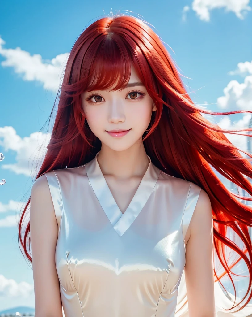 (Highest quality, 32k, High resolution, Masterpiece:1.5, ), marimo_jet, god々A photograph with brilliant dazzling and healing power., Evoking a sense of calm and elusive beauty, Expressing emotions, Have a rich imagination, Beautiful Japanese Girls, ((Low - Angle:1.4)), An exceptionally beautiful face, Small Face Beauty, Perfect Human Anatomy, Magical big eyes, Motherhood and generosity, Deep Love, fleeting smile, ((Shiny Red Hair:1.4)), Super long straight silk hair swaying in the wind, Asymmetrical bangs, Hair between the eyes, Transparent, soft white skin, Sharp eyebrows, Thin lashes, Natural Makeup, Cheek highlighter, Lips with fine detail, (Black see-through camisole:1.4), High resolutionの完璧な鎖骨, High resolutionの美しい胸元, Slim figure with ample breasts, High resolutionの美しい太もも, ((Beautifully detailed skies:1.2)), ((Vibrant petal effect:1.2)), Professional photographer, Professional Lighting, Professional models, god秘的