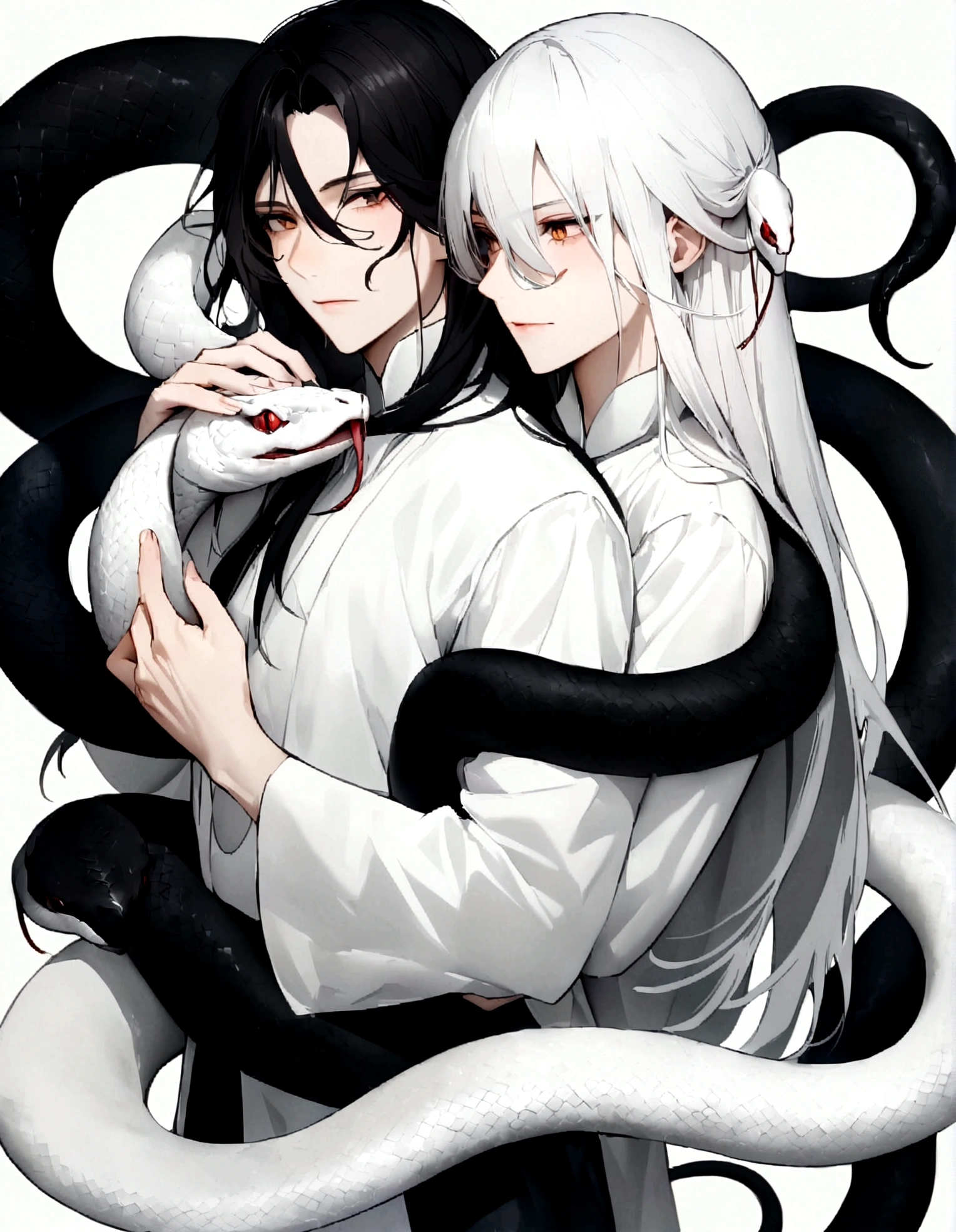 Long hair man,White snake and black snake coiled around