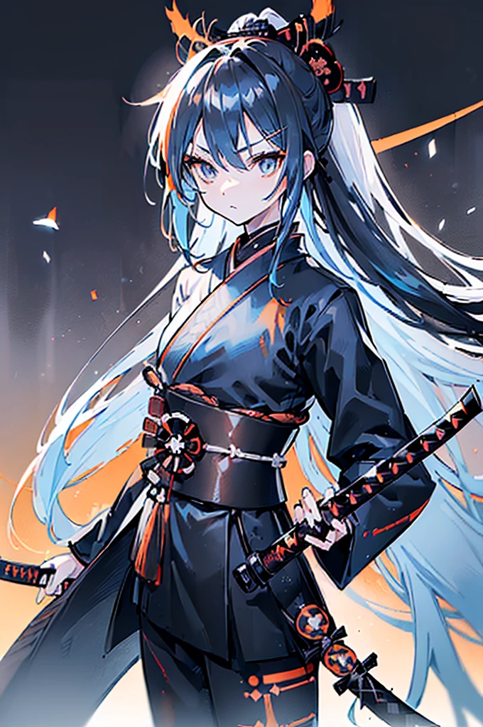 ((((Black katana)))) (((Light blue hair Long hair Light orange eyes and black samurai uniform White band Victory))) ((Black notes night Japanese style young))