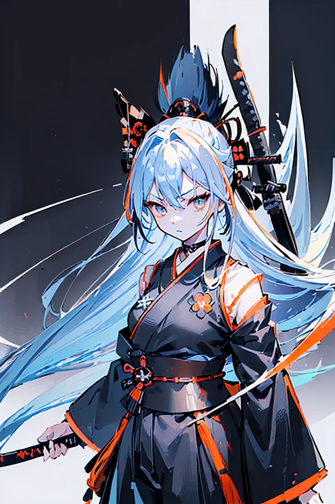 ((((Black katana))))　(((Light blue hair　Long hair　Light orange eyes and black samurai uniform　White band　Victory)))　((Black notes　night　Japanese style　young))