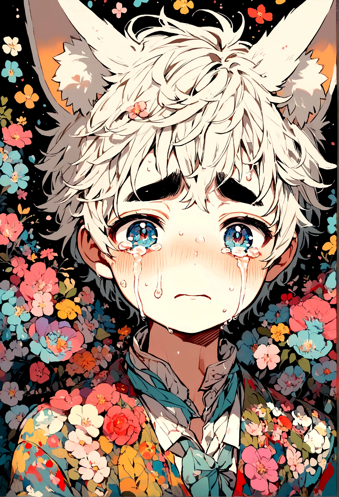 Boy, thick eyebrows, handsome, short hair, fox ears, injured, cute, cry