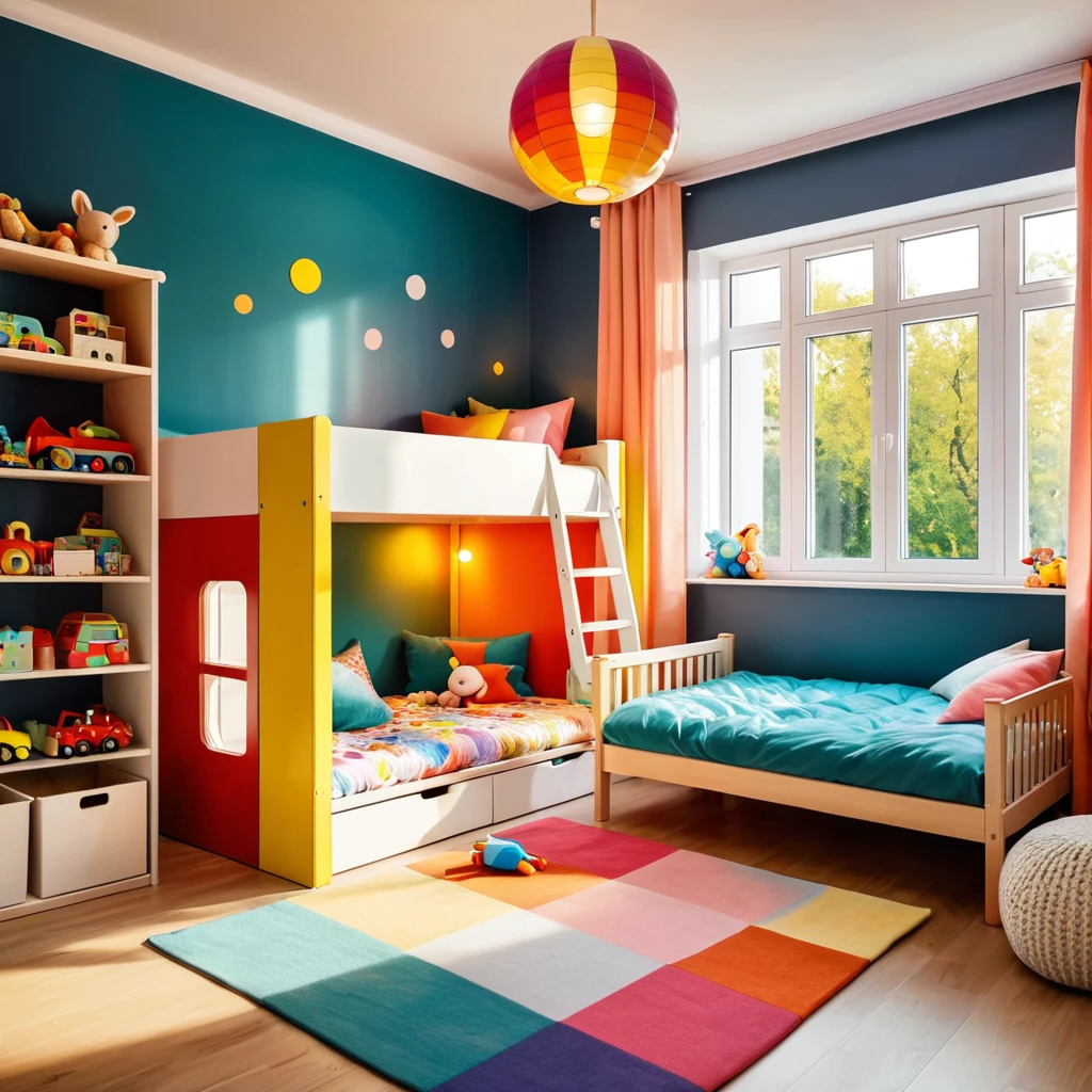 inside of a small childs toyroom, there is a bed with a colorful comforter, radiant evening light