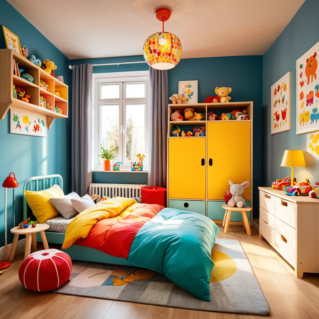 inside of a small childs toyroom, there is a bed with a colorful comforter, radiant evening light