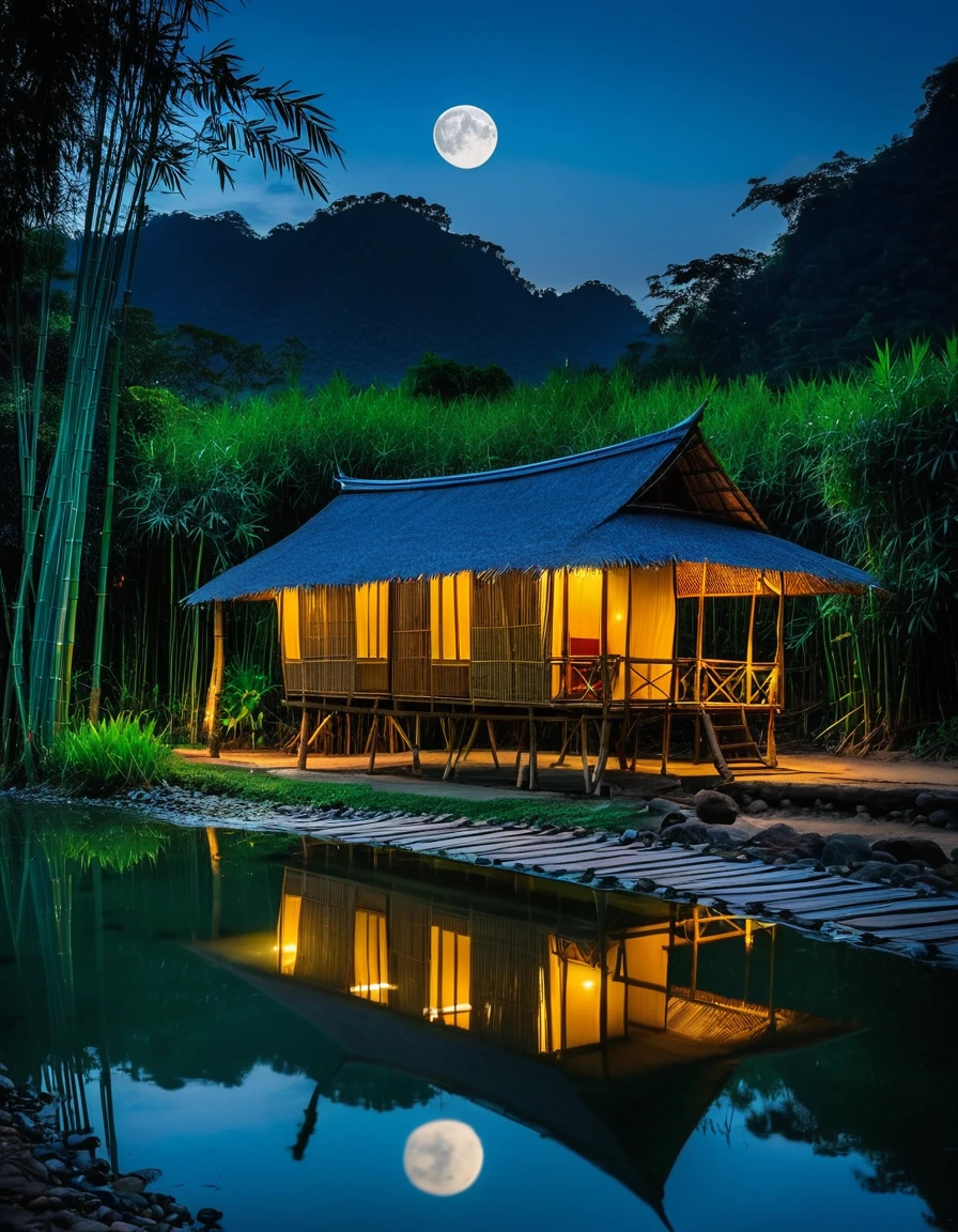 Bamboo hut house in Thailand, 1921, with mountains in the background There is a stream running through it. The shadow of the half-moon reflected in the water. There is a bridge across the stream. The atmosphere is natural at night. half moon High-resolution photos taken with a Sony camera