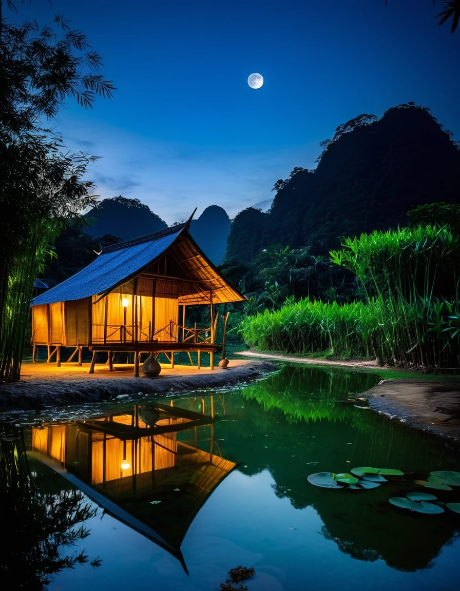 Bamboo hut house in Thailand, 1921, with mountains in the background There is a stream running through it. The shadow of the half-moon reflected in the water. There is a bridge across the stream. The atmosphere is natural at night. half moon High-resolution photos taken with a Sony camera