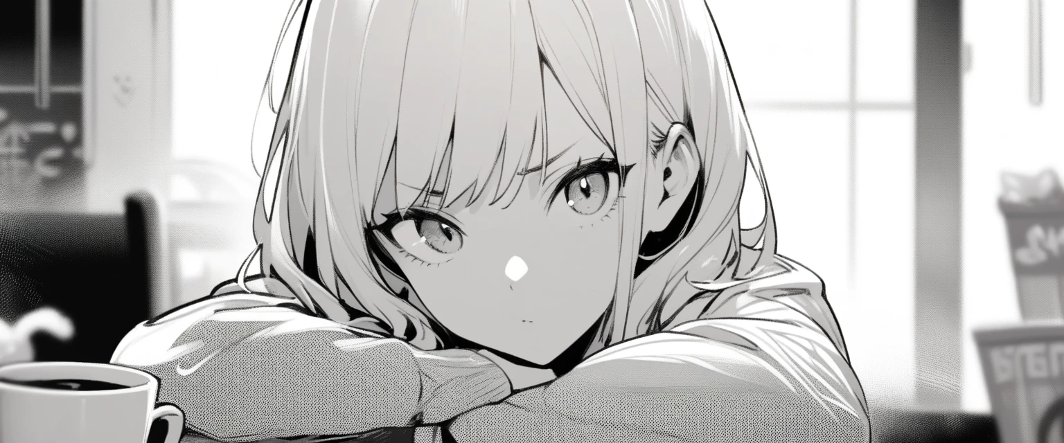1 girl, cafe, focused face, looking at the camera, monochrome, halftone