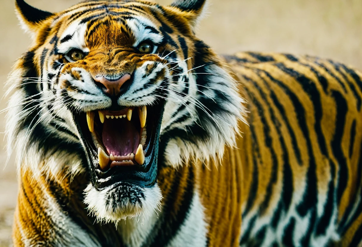 Documentary style photography, close-up shots of a mutant tiger as big as a buffalo. Tigers have long, supernaturally curved front fangs.