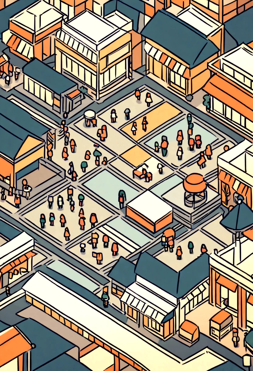 isometric cubism Paris map with shops and people that interact with the shop, flat black and white cartoon illustration, without shadow