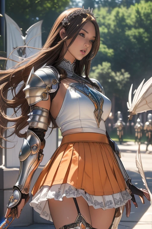 Very beautiful woman、Slender women、(Detailed face)、Realistic Skin、((Holy Knight)), ((Black and orange platinum armor))、((((Extremely detailed and intricately decorated armor:1.1))))、((Delicate photo))，(Girl Astepeace RAW Photo Details:1.25), (Highest quality:1.6), (Ultra-high resolution:1.5), (Realistic:1.75), 8K resolution, Canon EOS R5, 50mm, Absurd, Very detailed,Cinema Lighting,((Fightfield))、((Fight))、(((Ultra micro mini skirt with white lace embellishment)))、Polka dot panties,High leg panties:1.2,Thigh-high socks、Shingard、((Light brown hair)), {floating hair} ,Long Hair, Cape、(((Has a huge weapon)))、(In combat)、The wind is blowing、((Symmetrical armor))、(((Lead a large group of knights:1.2)))、banner、(((Battle Scenes)))、((Browsing Caution:1.2))、(((I can see her panties:1.4)))、、((Skirt lift fluttering in the wind:1.4)),In the park with a fountain view:1.9,