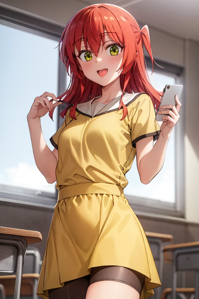 room, 1 Girl, Highest quality, Ultra-high resolution, Long Hair, Redhead, Green Eyes, Pouch dress, Yellow Dress, Short sleeve, Bike Shorts, Looking at the audience, Small breasts, Are standing, throw, slim body, body, , smile, Open your mouth,classroom