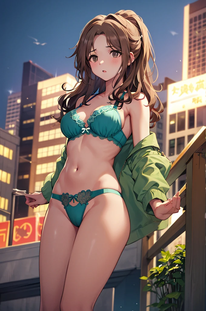 masterpiece, Highest quality, Confused, 1 girl, 、City、Thong　From below　Brown Hair　　　Green Bra　　(((Long Hair)))　ponytail
