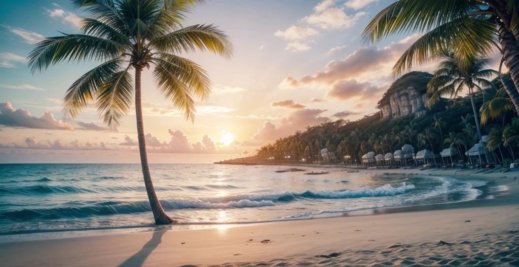 A beautiful beach with golden sand, blue ocean, swaying palm trees, (best quality,4k,8k,highres,masterpiece:1.2),ultra-detailed,(realistic,photorealistic,photo-realistic:1.37), vibrant colors, cinematic lighting, tropical paradise, peaceful seascape, serene atmosphere, warm sunlight, crashing waves, sandy beach, coconut trees, idyllic scene, serene ocean view, breathtaking landscape
