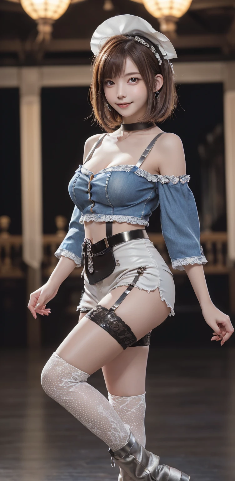 (Full body image:1.3)、(Beautiful lips and nose:1.4)、(Side view:1.1)、(Smiling with teeth showing:1.3),(Fashion Model:1.5)、(Shabby Gothic ta outfit with intricate embellishments:1.5)、(Off the shoulder:1.5)、(black, Silver and white shorts:1.4)、(denim garter belt:1.5)、(black and denim knee socks:1.3)、(Skull Silver Accessories:1.5)、(Lace Color:1.3)、(Brown Skin Belt:1.4)、(Brown boots:1.2)、(Polka dots on underwear:1.4)、23 years old、((Highest quality、In 8K、masterpiece:1.3))、Sharp focus:1.2、(Huge boobs:1.4),Beautiful girl with perfect figure:1.4、(Dance vigorously:1.3)、Slim Abs:1.2、Highly detailed face and skin texture、fine grain、double eyelid,(Bob Cut Hair:1.3)、(Brown Hair:1.3)、idol carving、(The background is a gorgeous dance hall.:1.3)、(the body is slim:1.2),(Slimming your legs:1.4),(clavicle:1.1)