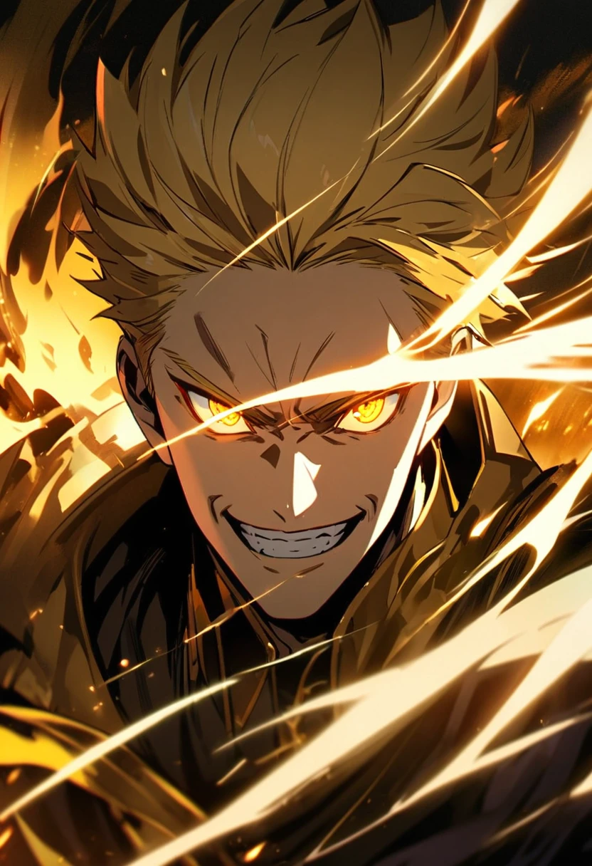 male, solo, handsome, blond hair, god, god eyes, glowing eyes, light, aura, holo, golden, face close, short hair, fighting, golden eyes, cool face, smiling teeth, god eyes