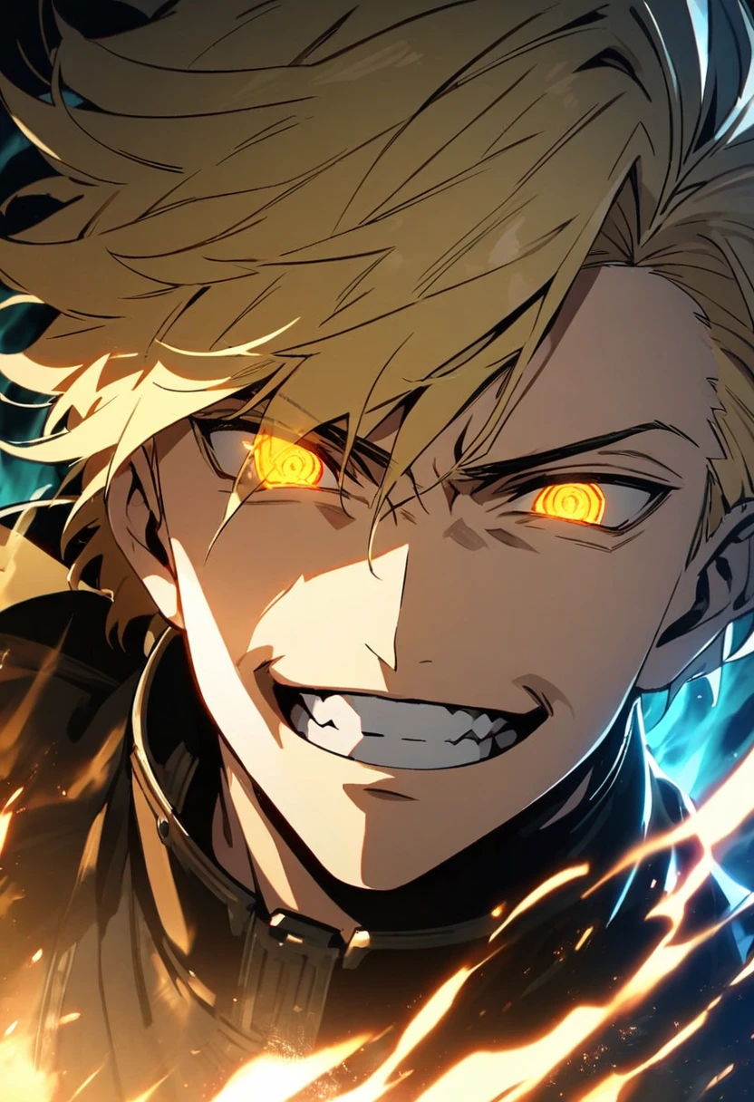 male, solo, handsome, blond hair, god, god eyes, glowing eyes, light, aura, holo, golden, face close, short hair, fighting, golden eyes, cool face, smiling teeth, god eyes
