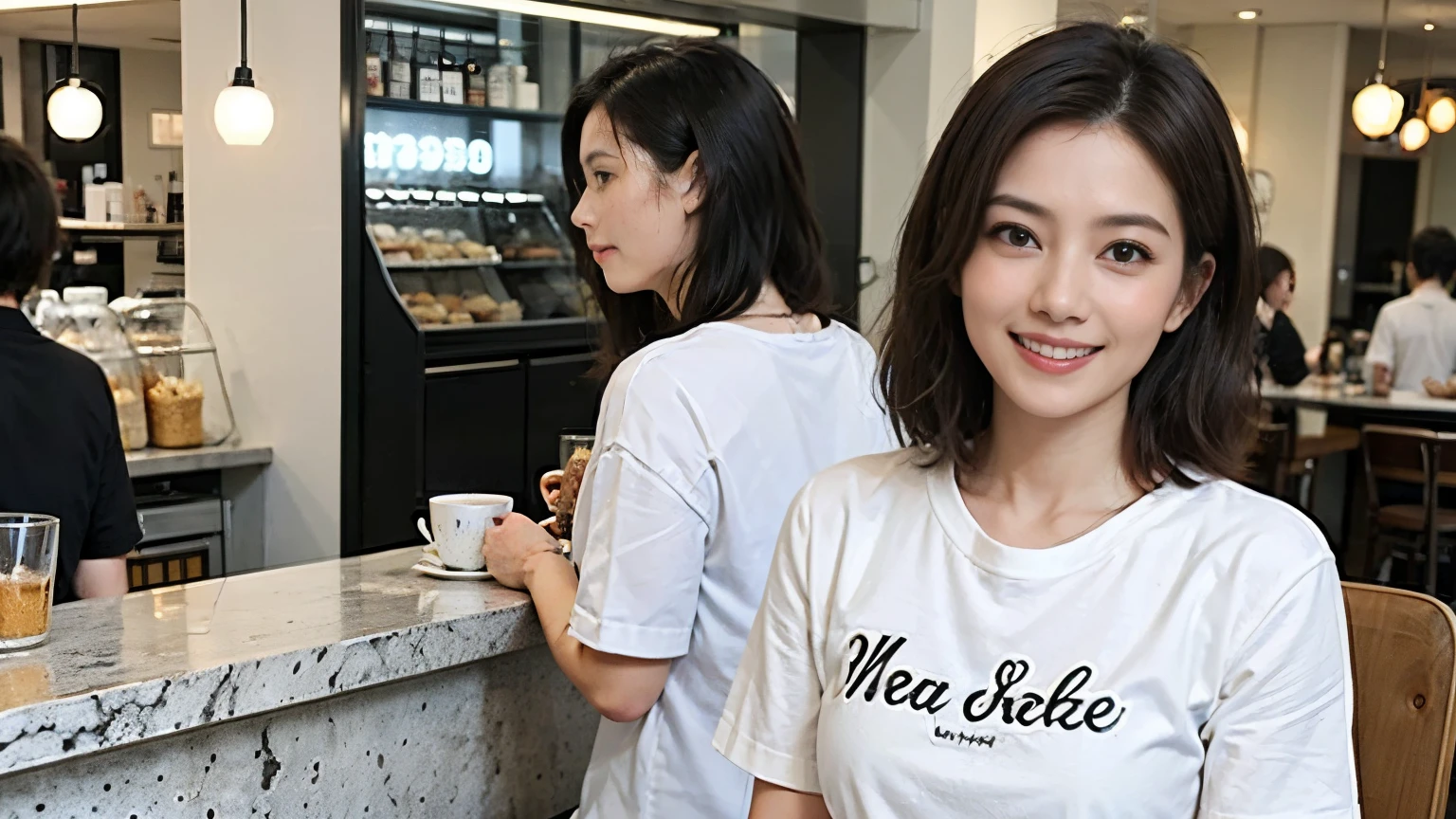 super high quality, Short Hair, Slender, Gravure photoshoot, The staff is working at the counter in the back., (8K、RAW Photos、Highest quality、masterpiece:1.2), Japanese Idol, Stylish café, The cafe is crowded with people enjoying themselves., (Realistic、Photorealistic:1.37), Bob Hair, Mesh Hair, Urban Cafe, Golden Ratio, Raw photo, Cute face , Light Brown Hair, Small breasts, Bright cafe interior, Spring Clothes, Cafe Terrace, Open Cafe, A kind smile, Hair blowing in the wind, Neat clothes, boyish, T-Shirts, 18-year-old, younger sister, Stylish clothes,