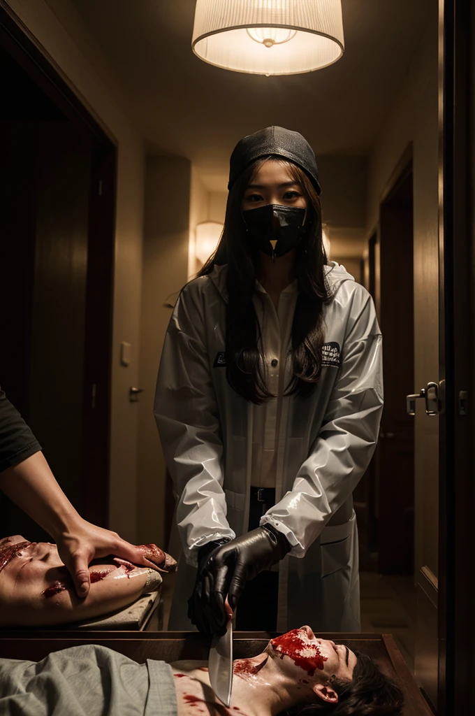korean girl, (behind corpse, surgical mask), blood splatter, holding knife, stabbing, gloves, room full of blood, transparent raincoat, trucker hat, holding knife, gloves, behind corpse, very long hair, night, mass murderer, robbery, in the hotel, dark atmosphere, cinematic lighting, atmospheric realistic,