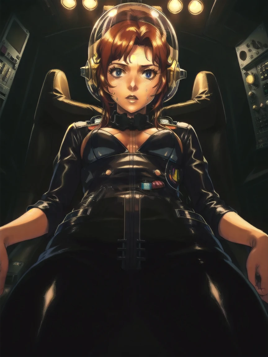 ((gothic vampire piloting in gothic spacecraft)), (((retro anime))), (from below), ((120 fov)), ((((gothic)) control panels)), ((mature)), (((gothic))), iridescent bodysuit, ((lace accessories)), ((pilot seat)), ((((lying back)) pose)), ((elegant)), (((serious tone))), ((cockpit top control panel)), intricate control panel details, (close-up), 1990s (style), [blushing], [sweat], masterpiece, ((claustrophobic)), sparkles, best quality, screens, ((pilot helmet)), ((hands on controls)), night, (cockpit lights)