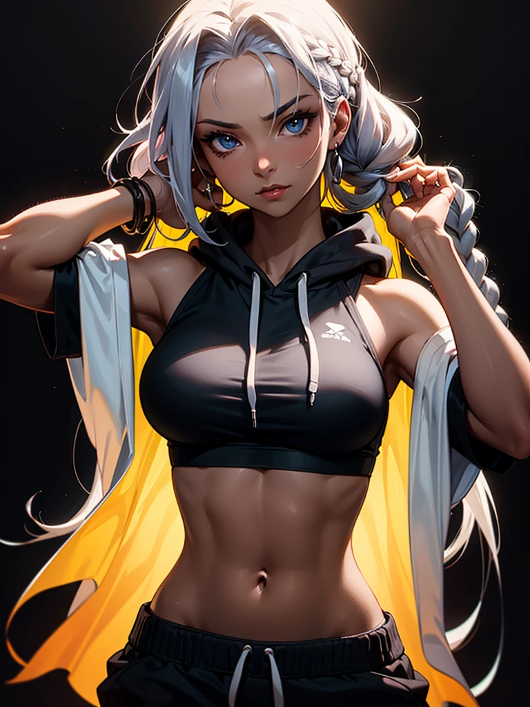 ((Portrait Photo, Dark Skin)), She has an Athletic and Slender Appearance, with a Strong Build, Black Skin and Relaxed Aura. She Expresses a Calm and Indifferent Look, Giving Off a Composed and Unfazed Attitude. She has Light Blue Eyes, and Her Hair is Long and Black, with Braided Strands Falling Over Her Forehead and Dreadlocks. She Wears a Loose Hoodie Top, Revealing Her Midriff. ((Portrait Photo, HDR, Dark Background))