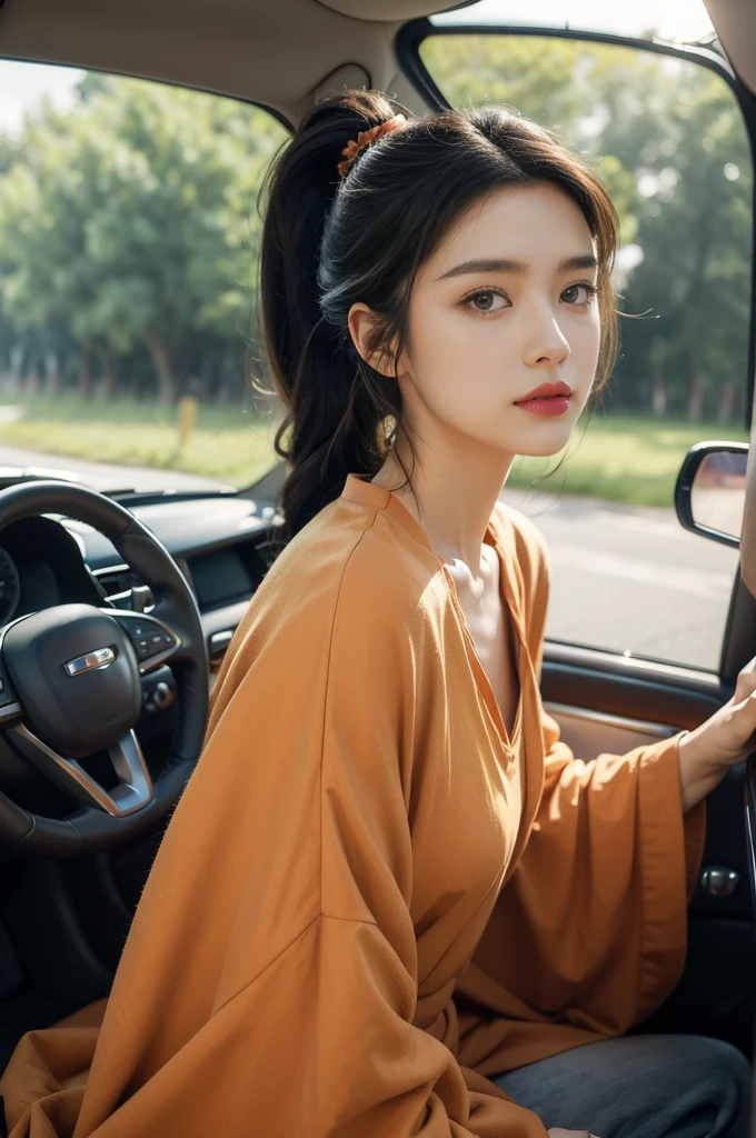 (((best quality))),(((ultra detailed))),(((masterpiece))),illustration,1girl,beautiful,woman,driver,sitting,car,parked,roadside,vibrant,floral,nightgown,graceful,flow,hair,tied,back,loose,ponytail,delicate,features,eyes,focused,road,ahead,calm,concentration,classic,convertible,top,down,evening,breeze,caress,face,seat,adjusted,petite,frame,confident,steering,wheel,delicate,hands,maneuver,control,world,setting,sun,warm,glow,face,illuminate,beauty,sky,canvas,orange,red,hues,match,road,stretch,explore,possibilities,background,town,life,evening,shops,opening,doors,people,strolling,cool,air,atmosphere,peaceful,serene,contrast,chaos,city,,independence,societal,norms,constraints,destiny,embrace,challenges,symbol,strength,resilience,spirit,summer