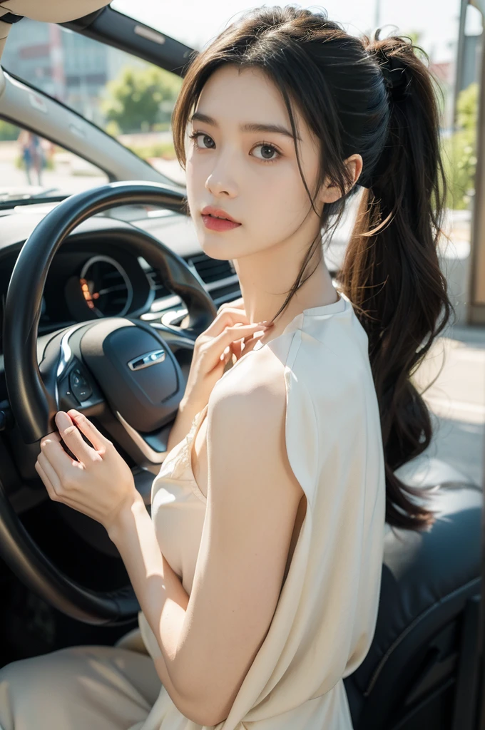 (((best quality))),(((ultra detailed))),(((masterpiece))),illustration,1girl,beautiful,woman,driver,sitting,car,parked,roadside,vibrant,floral,nightgown,graceful,flow,hair,tied,back,loose,ponytail,delicate,features,eyes,focused,road,ahead,calm,concentration,classic,convertible,top,down,evening,breeze,caress,face,seat,adjusted,petite,frame,confident,steering,wheel,delicate,hands,maneuver,control,world,setting,sun,warm,glow,face,illuminate,beauty,sky,canvas,orange,red,hues,match,road,stretch,explore,possibilities,background,town,life,evening,shops,opening,doors,people,strolling,cool,air,atmosphere,peaceful,serene,contrast,chaos,city,,independence,societal,norms,constraints,destiny,embrace,challenges,symbol,strength,resilience,spirit,summer