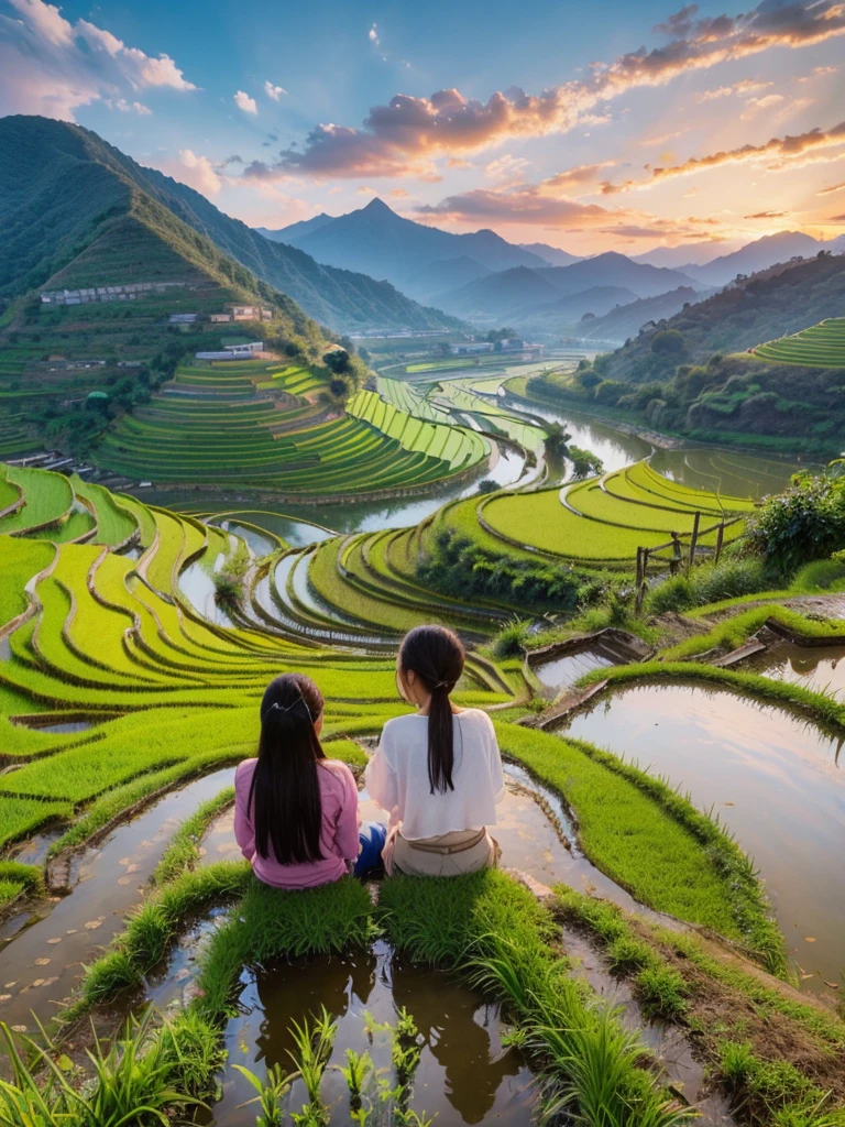 Realistic photo, 8k, masterpieces, rice paddy, beautiful scenery, colorful terraced rice fields, Two young women from the village are harvesting rice from the field, perching in the muddy water, mountains in background, colorful sky, depth of field, wide shot, film grain, 8k,