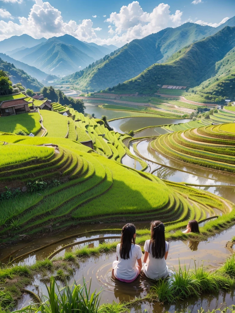 Realistic photo, 8k, masterpieces, rice paddy, beautiful scenery, colorful terraced rice fields, Two young women from the village are harvesting rice from the field, perching in the muddy water,  mountains in background, colorful sky,  depth of field, wide shot, film grain, 8k,