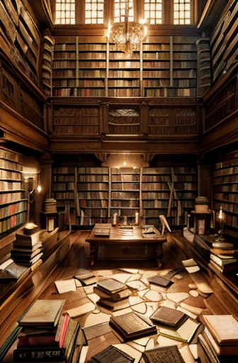 Very large room,(High ceilings:1.4)Wall-to-wall bookshelves,(Books scattered all over the place:1.8),dim,(Candlelight:1.2),Old Library
