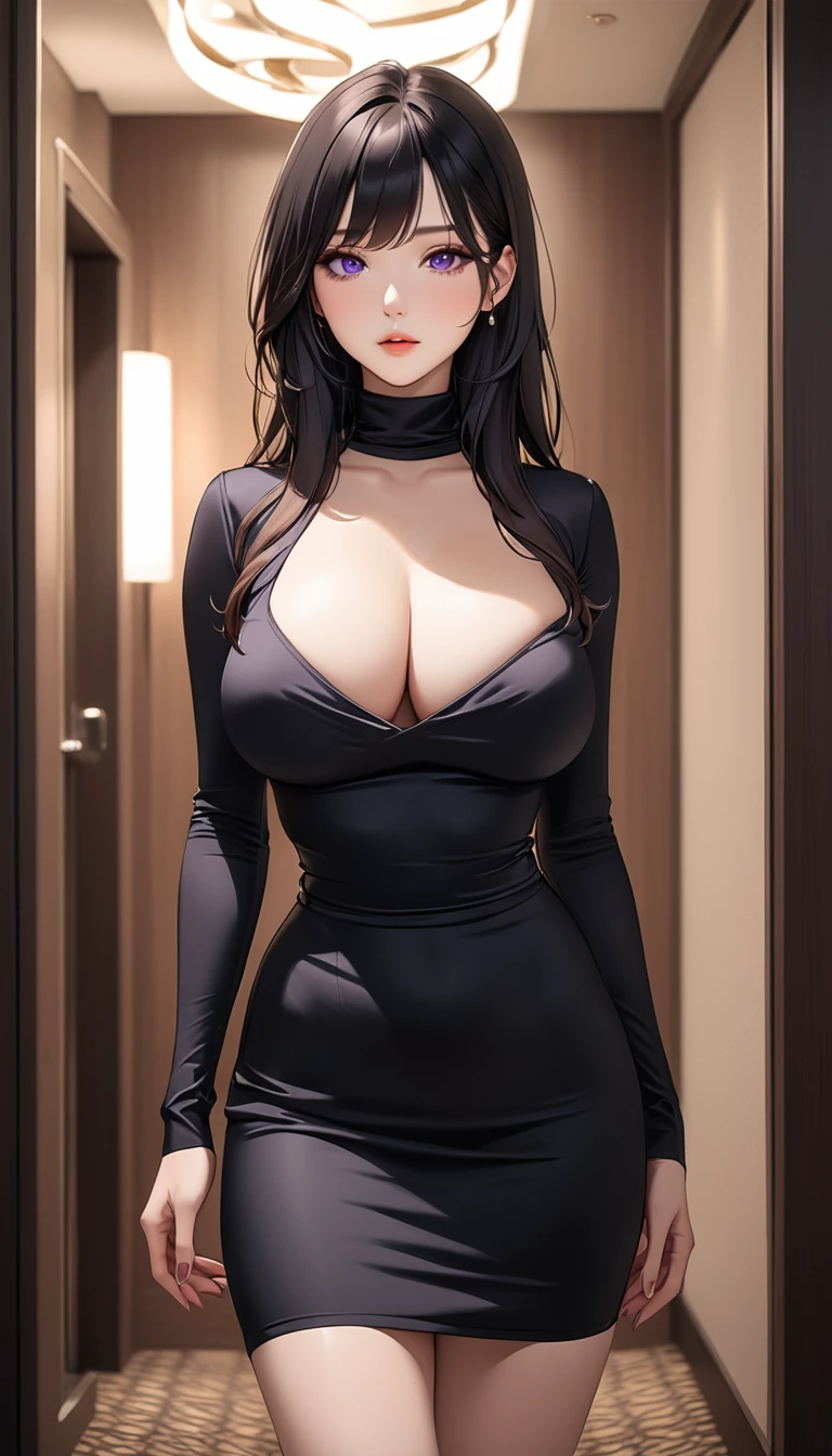 masterpiece, high resolution, beautiful woman, Korean Beauty, 30 years old, black sleeve less turtle neck long sleeve, mini pencil skirt, beautiful woman, night hotel, looking at me, (high resolution face), (high resolution eyes), black hair, big tits, purple eyes, neckless