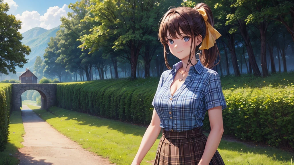 1girl, solo, full body, rural landscape, village, trees, sun, clouds, fantasy, brown hair, ponytail, large breasts, button down shirt, ((blue checked shirt)), ((short sleeved shirt)), ((unbuttoned shirt)), unbuttoning buttons, cleavage 1:3, shirt tied under chest, belly reveal, blue eyes, dark skirt, smile, looking at the viewer, standing, hair ribbon, golden necklate