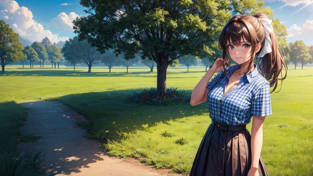 1girl, solo, full body, rural landscape, village, trees, sun, clouds, fantasy, brown hair, ponytail, large breasts, button down shirt, ((blue checked shirt)), ((short sleeved shirt)), ((unbuttoned shirt)), unbuttoning buttons, cleavage 1:3, shirt tied under chest, belly reveal, blue eyes, dark skirt, smile, looking at the viewer, standing, hair ribbon, golden necklate