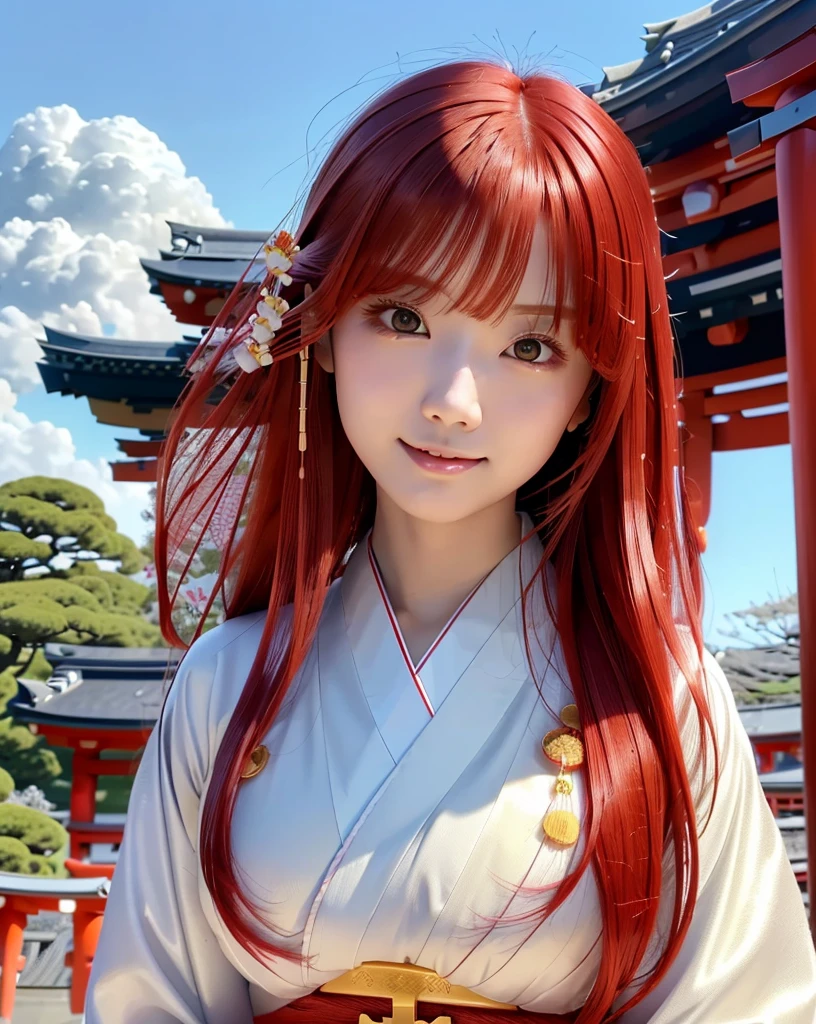 (Highest quality), (32k), (High resolution), (Masterpiece:1.5), marimo_jet, god々A photograph with brilliant dazzling and healing power., Evoking a sense of calm and elusive beauty, Expressing emotions, Have a rich imagination,Beautiful Japanese Girls, An exceptionally beautiful face, Small Face Beauty, Perfect Human Anatomy, Magical big eyes, Motherhood and generosity, Deep Love, fleeting smile, ((Shiny Red Hair:1.4)), Super Long Straight Silk Hair, Asymmetrical bangs, Hair between the eyes, Transparent, soft white skin, Sharp eyebrows, Thin lashes, Natural Makeup, Cheek highlighter, Detailed lips, ((Japanese traditional shrine maiden clothing:1.5)), Slim figure with ample breasts, ((Detailed sky background:1.3)), Dazzling Sun, Professional Lighting, Professional photographer, Professional models, god秘的