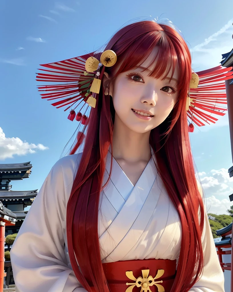 (Highest quality), (32k), (High resolution), (Masterpiece:1.5), marimo_jet, god々A photograph with brilliant dazzling and healing power., Evoking a sense of calm and elusive beauty, Expressing emotions, Have a rich imagination,Beautiful Japanese Girls, An exceptionally beautiful face, Small Face Beauty, Perfect Human Anatomy, Magical big eyes, Motherhood and generosity, Deep Love, fleeting smile, ((Shiny Red Hair:1.4)), Super Long Straight Silk Hair, Asymmetrical bangs, Hair between the eyes, Transparent, soft white skin, Sharp eyebrows, Thin lashes, Natural Makeup, Cheek highlighter, Detailed lips, ((Japanese traditional shrine maiden clothing:1.5)), Slim figure with ample breasts, ((Detailed sky background:1.3)), Dazzling Sun, Professional Lighting, Professional photographer, Professional models, god秘的