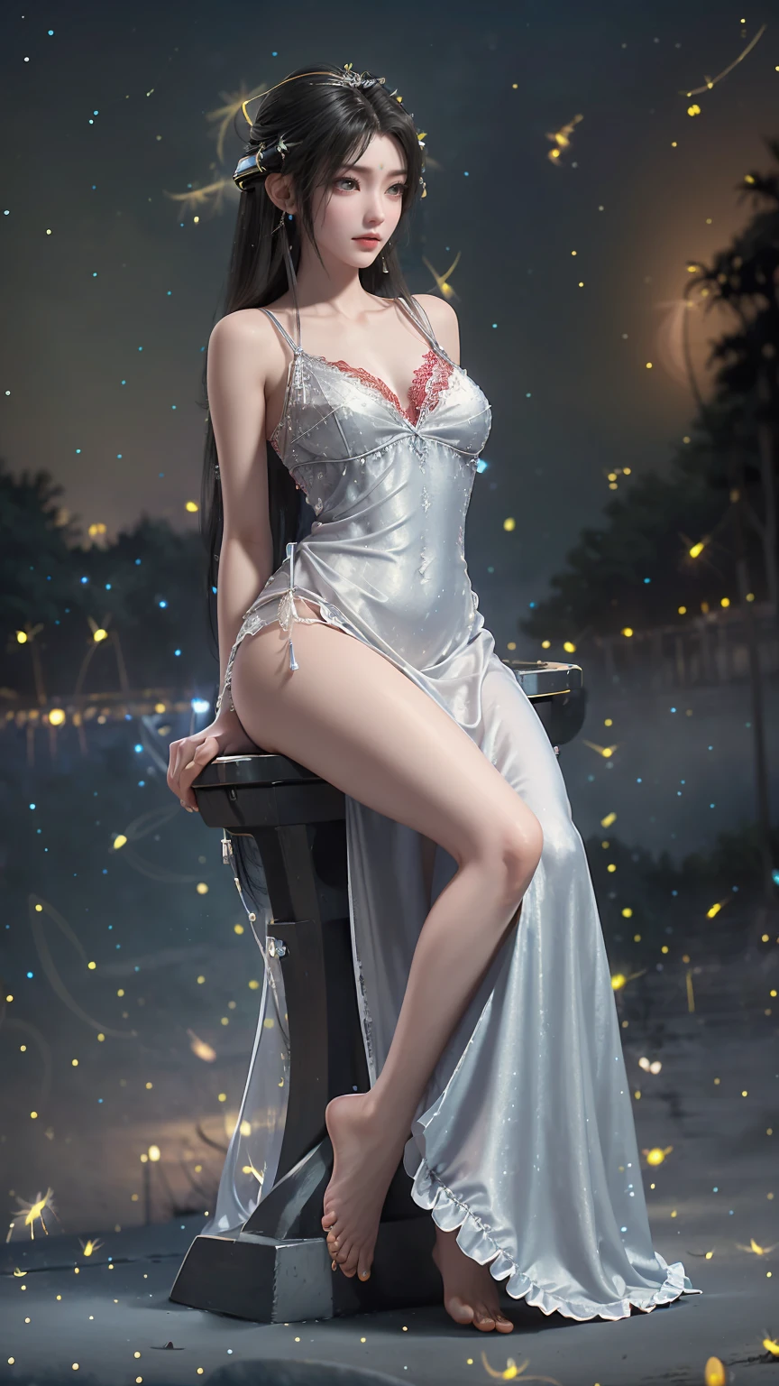 1 beautiful y 20 year old girl, ((Wearing a silver nightgown with red lace:1.7)), ((Diamond-encrusted dress:1.7)), ((Black long hair:1.6)), Jewelry crafted with gemstones and beautiful hair, noble, Beautiful lady, Her little face is super cute, Her face is beautiful, Flawless beautiful face, ((Grey pupils: 0.8)), Very beautiful eyes, ((Silver Eyes: 1.6)), (((Big round eyes:1.6))), steam eye makeup, earrings, Red lips, ((Shut up: 1.5)) Beautiful lips, Delicate hands, The most beautiful thighs, ((Stretch your arms to the sides: 1.5)), ruddy face, cleanface, Flawless beautiful face, Smooth and fair skin, (Large Bre.5)), ((High chest: 1.6)), Breast tig, Perfect body, Rear arm, Keep your chest up, ((Sitting,Keep your chest up,Arms behind your back: 1.6)), ((Open your legs:1.2)), Don't be shy, 8k Photo, super high quality, Surreal, 10 times more pixels, Optical, Bright studio, Bright Edge, dual-tone light, (High Detail Skin:1.2), Super 8K, soft light, high quality, volumetric light, Reality, Reality high resolution, light, Best photos, 4K, 8K picture quality, Blur effect, Smooth and sharp, 10 x Pixel, ((Night beach and fireflies background:1.5)), aurora, lightning, Super realistic graphics, The most realistic graphics, 1 girl, Solitary, Solitary, Extremely clear images, Surreal的,(Black long hair),Gray Eyes,Cover your chest with your hands,(((Black hair))