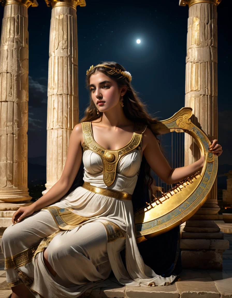 a young priestess, sitting, playing a large lyre, ancient Greek temple, late at night, inside the temple it is (dark:1.3) and there is (no lighting:1.2), the moonlight shines in at an angle, shining a faint light on her., highly detailed, photorealistic, realistic lighting, intricate architecture, ornate decorations, cool color palette, golden accents, soft fabric textures, mesmerizing expression, elegant pose, cinematic composition, natural lighting, realistic shadows, mystical atmosphere, hyperrealistic, award-winning art