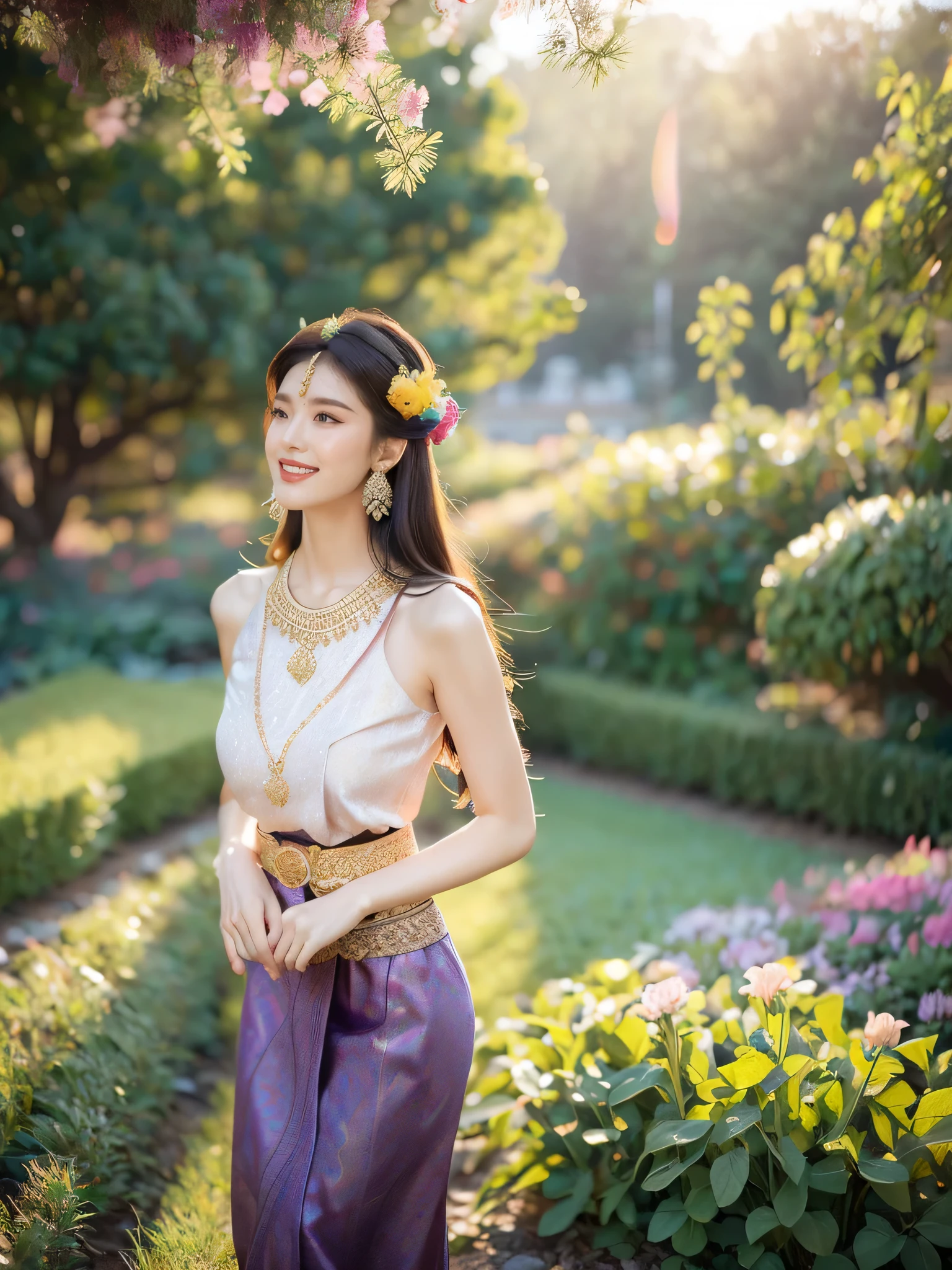 A woman with fair skin and purple straight hair is dancing in a garden from a dynamic angle. She is wearing a colorful traditional dress and has an ecstatic expression. The background is a garden with blooming flowers in high detail and perfect anatomy. It's noon with a vibrant light mood and tone, and the lighting is bright, (colorful traditional dress: 1.9), (perfect anatomy: 1.5), (noon: 1.5), (vibrant light mood and tone: 1.5), (bright light: 1.6).
