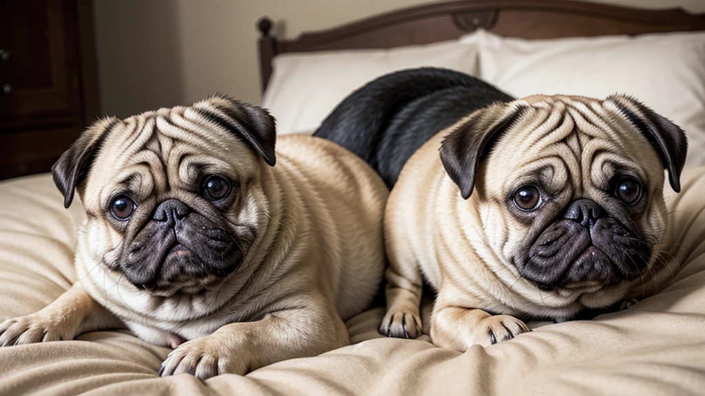 a toothed apricot pug dog on a bed in a men&#39;s room with a pitying face