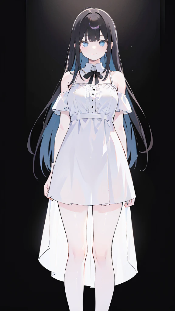 masterpiece, 8K, Detailed face, best quality, Must be created as described, (1 girl, alone, 20 years old, 158cm), (Black hair, long hair, Straight Hair, Bangs), (innocent, Big blue eyes like diamonds), (fair skin, thin waist, long legs), (Wearing a simple pure white dress, spaghetti straps, Thin style, Skirt length no longer than thigh), (black briefs, Low waist style), (Wearing white socks), (Show your thighs, Show your arms, Lift up the skirt slightly with one hand, Black panties are exposed), (Has black leather collar), (The expression looks shy, but with a smile), (light black background, Full body portrait, Stand Up Straight, symmetry)