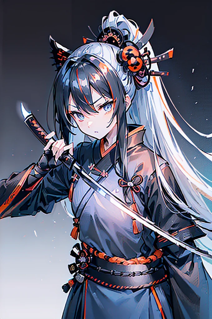 ((((Black katana)))) (((Light blue long hair Light orange eyes and black samurai uniform White band Victory))) ((Black notes night Japanese style Mature))