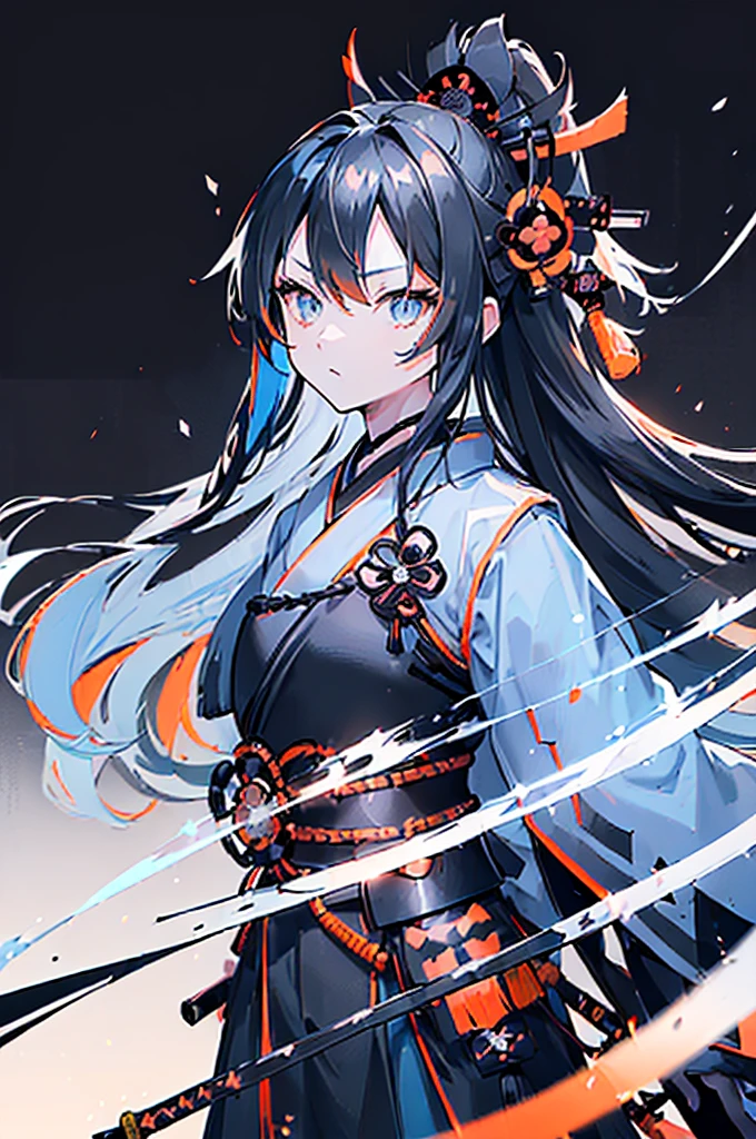 ((((Black katana)))) (((Light blue long hair Light orange eyes and black samurai uniform White band Victory))) ((Black notes night Japanese style Mature))