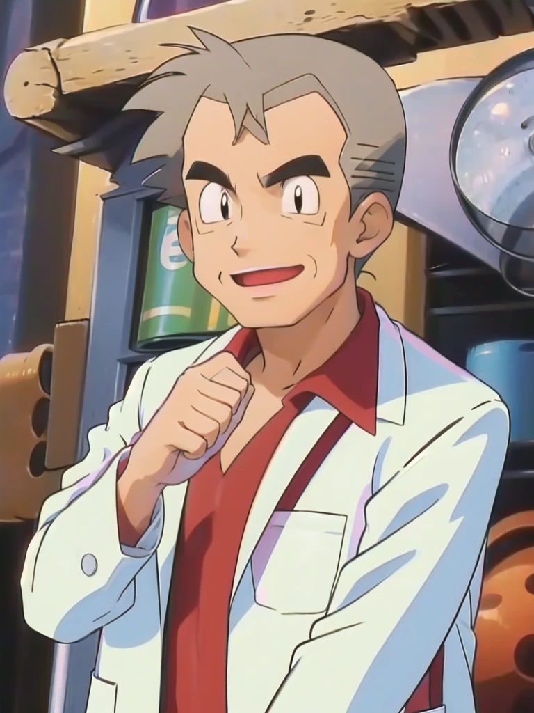 (masterpiece, best quality:1.2),1boy,solo,samuel oak \(pokemon\),upper body,black eyes,grey hair,lab coat,red shirt,looking at viewer,smile